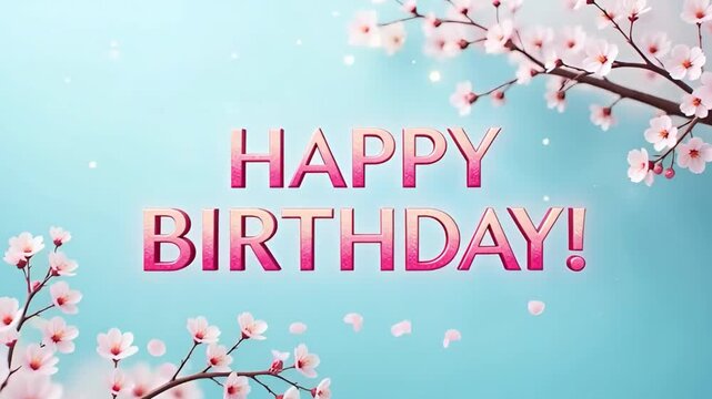 happy birthday animated greeting with cherry blossoms on a bright blue background and falling pink petals for a joyful and festive spring celebration with beautiful nature