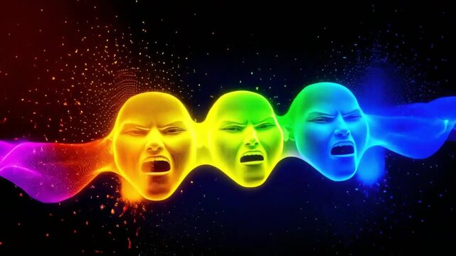 abstract visualization of human emotions with colorful faces emerging from a digital light wave featuring vibrant rainbow colors and expressive facial movements for art