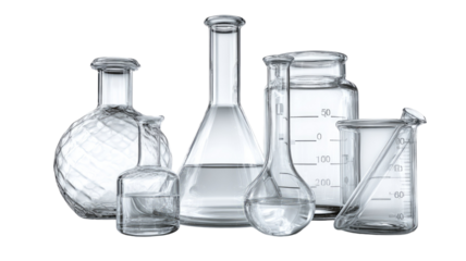 Scientific chemical laboratory glassware including a flask and beaker filled with red and blue liquid for medical research analysis in a white lab