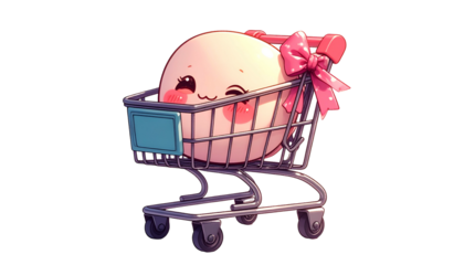 A smiling, rosy-cheeked egg character rides in a shopping cart with a pink bow