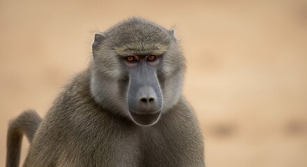Close up of a baboon with a serious expression in nature.