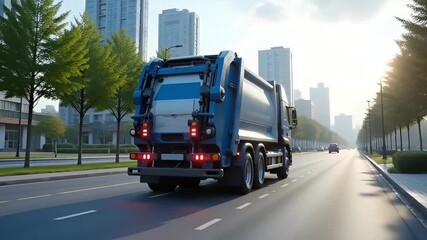 blue garbage truck driving on city road with skyscrapers