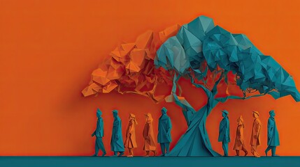 People walk under polygon trees, warm & cool color scheme