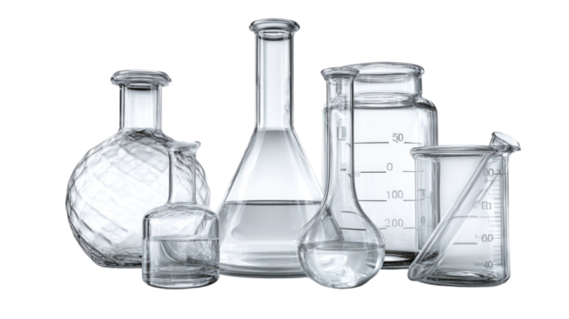 Scientific chemical laboratory glassware including a flask and beaker filled with red and blue liquid for medical research analysis in a white lab - Powered by Adobe