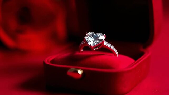 diamond heart ring in red box with red roses