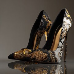 Ornate high heels with gold & black floral patterns on a sleek surface