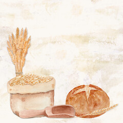 Bread, wheat, grain sack, wooden scoop on textured beige background. Hand-painted watercolor illustration of food clipart in warm tones, perfect for bakery logos, packaging, kitchen decor, farm