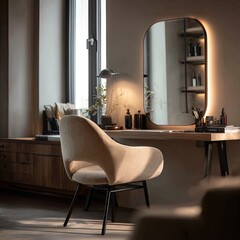 Cozy home office nook with mirror, chair, and wood desk, warm light