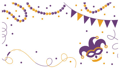 Mardi Gras carnival party vector elements with jester mask, beads, bunting, and festive confetti decorations © Tamimkhangeox