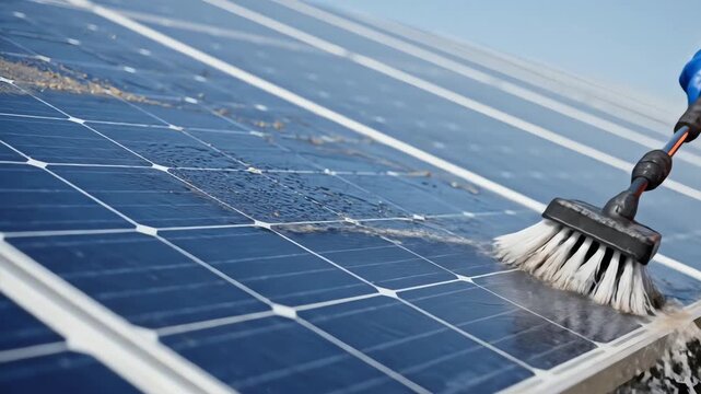 Cleaning Solar Panel with Water-Fed Brush for Maximum Efficiency - AI Generated