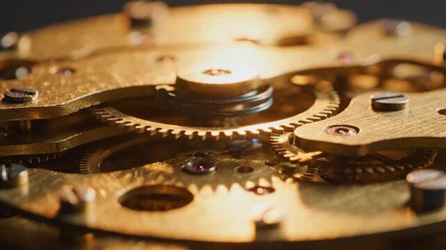 Close up of a vintage watch mechanism with intricate gears and details illuminated by soft lighting