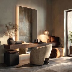 Minimalist vanity with warm lighting, earthy tones, and natural textures