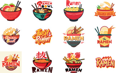 Ramen Logo Collection with Japanese Noodle Bowl Illustrations, Asian Street Food Branding Design, Fast Food Ramen Labels, Vintage and Modern Ramen Restaurant Logos for Menu, Packaging, Cafe, Food Truc