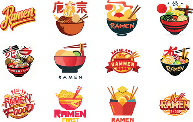 Ramen Logo Collection with Japanese Noodle Bowl Illustrations, Asian Street Food Branding Design, Fast Food Ramen Labels, Vintage and Modern Ramen Restaurant Logos for Menu, Packaging, Cafe, Food Truc