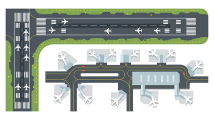 Aerial view of a simple airport layout with planes and terminal buildings © SERINA AKTHER