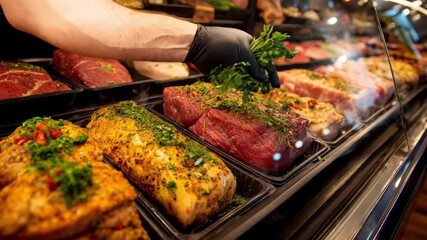 Freshly marinated meats with colorful herbs and spices highlighting the variety of flavorful options in a welllit butcher shop display