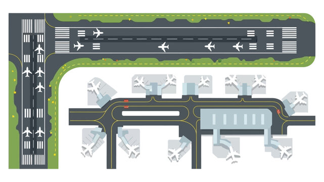 Aerial view of a simple airport layout with planes and terminal buildings