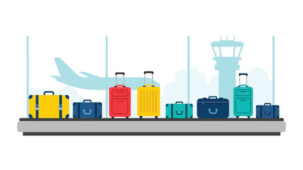 Colorful suitcases on a luggage carousel with an airport control tower backdrop © SERINA AKTHER