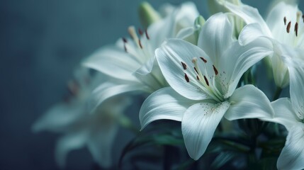 Fototapeta premium Close-up of delicate white lilies with soft petals, brown stamen, and a blurred background. Shows floral elegance