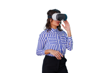 Woman exploring virtual reality simulation, experiencing immersive metaverse technology, transparent background