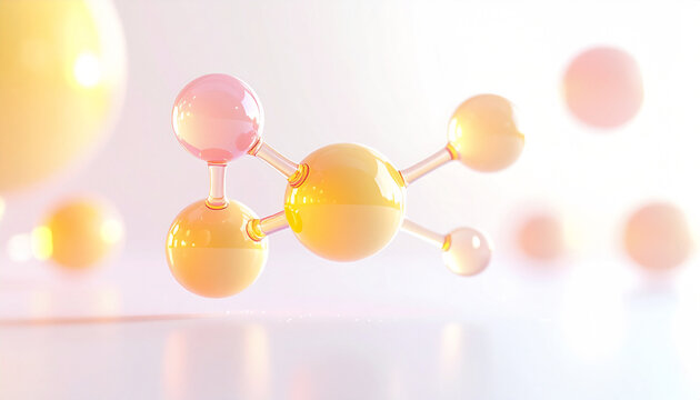 パステルカラーの美容成分分子モデル 3D抽象背景｜先端スキンケア科学・研究イメージ（黄&times;ピンク） / Pastel beauty ingredient molecule model, 3D abstract background | advanced skincare science, research concept (yellow & pink)