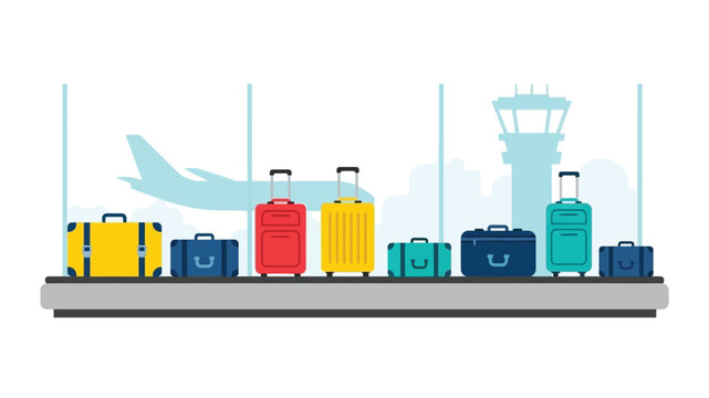 Colorful suitcases on a luggage carousel with an airport control tower backdrop