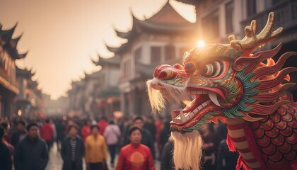 Majestic dragon head gliding above temple street crowd at hazy lunar new year morning