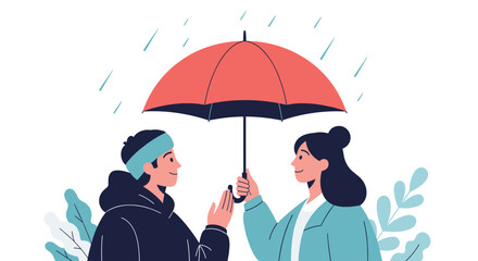Two people sharing an umbrella in the rain offering each other support and kindness.