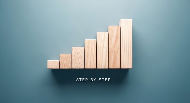 Wooden block bar chart showing growth, step by step business progress concept, rising financial graph made of natural wood blocks on blue background