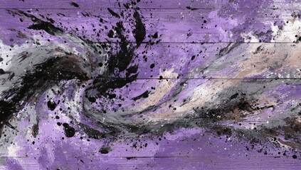 Abstract swirling vortex of purple, grey, black, and beige paint splatters on a wood-grain background.  Dynamic, energetic composition with contrasting textures