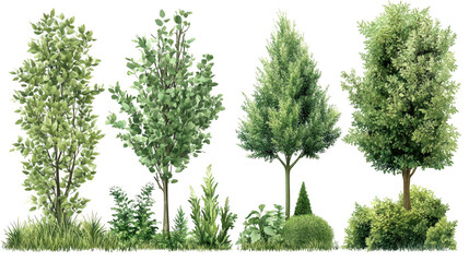 Obraz premium A collection of diverse trees and shrubs various leaf shapes and sizes. set against a clean white background. ideal for nature-themed projects or landscaping designs