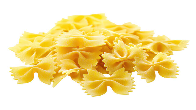 A arrangement of uncooked bowtie pasta pieces on a clean white background. their unique shape and texture. ideal for culinary and food-related projects