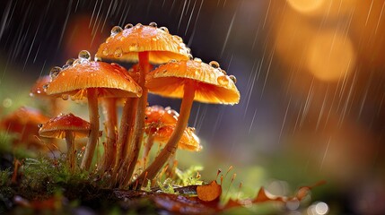 Rain-Kissed Mushrooms: A cluster of vibrant orange mushrooms, their caps glistening with raindrops, thrives in a damp, mossy environment.  A symphony of nature.