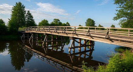 Wooden bridge arches over calm river reflecting blue sky and green trees on a sunny day