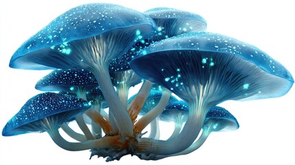 Luminous Mushroom Cluster: A cluster of glowing mushrooms in vibrant blue with tiny sparkling lights, emerging from the forest floor, creating a magical and enchanting scene.