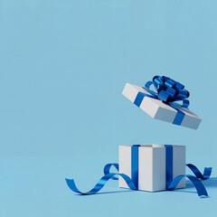 Open White Gift Box with Blue Ribbon and Floating Lid for Surprise Concept