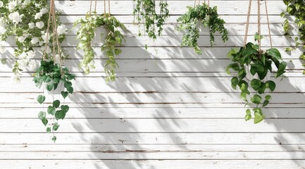 Hanging plants on rustic white wood, casting shadows