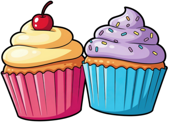 Colorful cupcakes with creamy frosting and sprinkles on transparent background