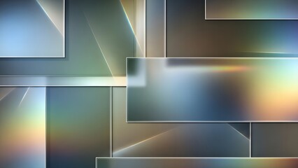 Abstract geometric background featuring overlapping translucent glass rectangles with lens flares and smooth gradients in blue and gold