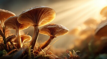 Mushroom's Sunlight in Forest: A cluster of mushrooms basks in warm sunlight, their caps glowing against a blurry background, a scene evoking a sense of calm and mystery.