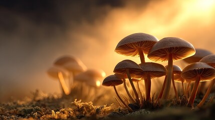 Fototapeta premium Mystical Mushroom Gathering: A close-up view of a cluster of mushrooms basking in the warm glow of the sun, creating an enchanting scene with captivating textures.