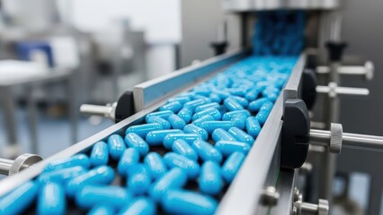 Blue capsules move along a conveyor belt, hinting at pharmaceutical production