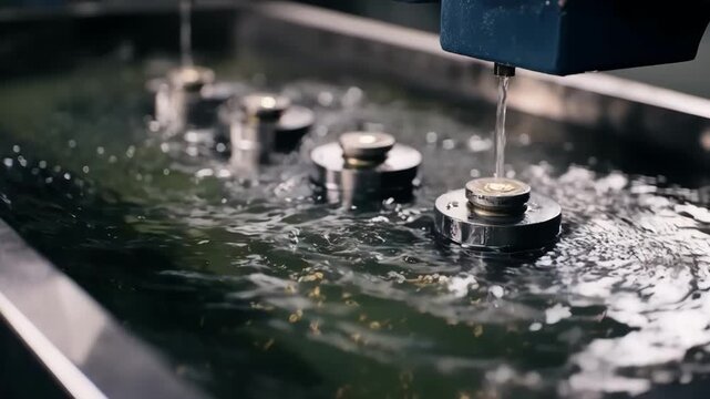 Closeup of electroplating bath with metal components immersed in nickel solution highlighting precision metal finishing technique.