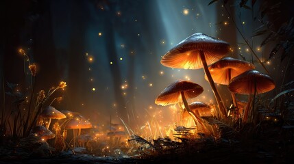 Fototapeta premium Enchanted Forest Mushrooms: A mesmerizing scene where luminous mushrooms cast a warm glow amid a mystical, shadowed woodland, creating a scene of enchantment and mystery.