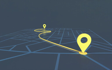 3D Digital Map with Yellow Location Pins and Route Line for Navigation