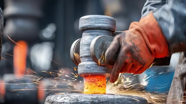 Closeup medium shot showing a worker carefully replacing a cast iron baffle plate designed to withstand high temperatures in a metal casting process.