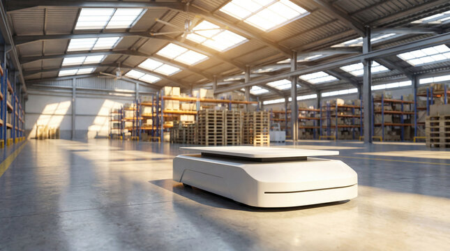 Autonomous mobile robot (AMR) transporting goods in a modern warehouse, smart logistics and automated supply chain technology, industrial 4.0 storage facility, 8k realistic rendering.
