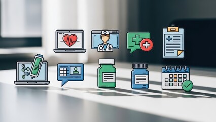 Collection of healthcare icons, including laptop with heartbeat, doctor, pills, and calendar