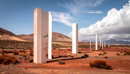 "Alien monoliths on a red rocky planet under a cloudy sky."