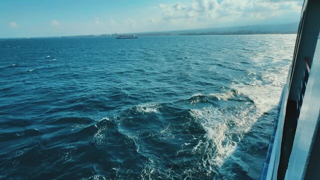Bali, Indonesia - August 27, 2025: Car and passenger ferries cross the Bali Strait from Gilimanuk Harbor to Ketapang Harbor. View of the strait from the ferry deck. 4К
